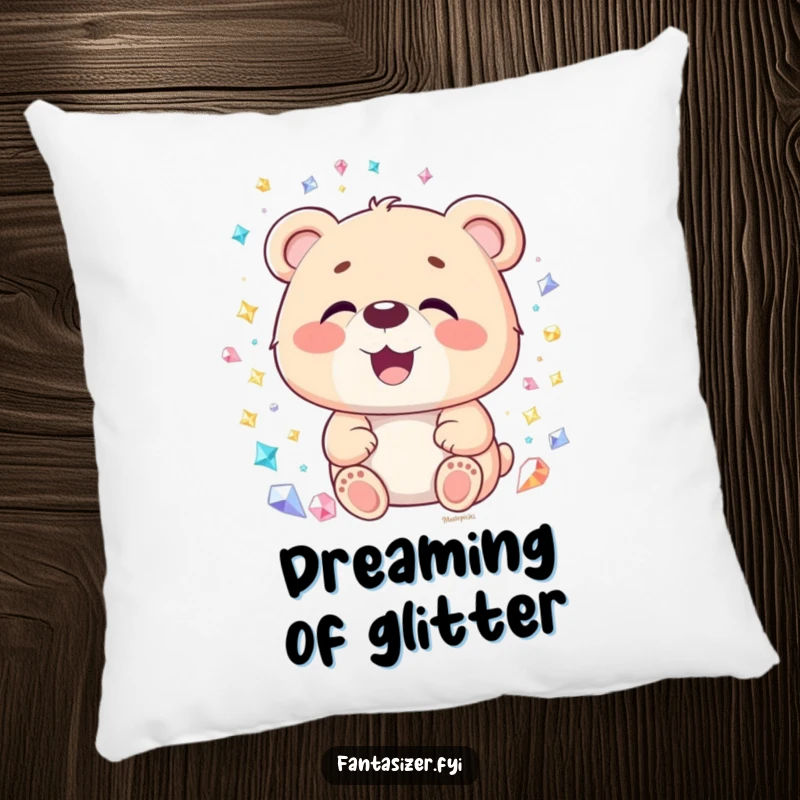 Funny Bear Gemstone Pillow: A delighted bear gazes at a world of sparkling gems, bringing humorous comfort, a funny gift.