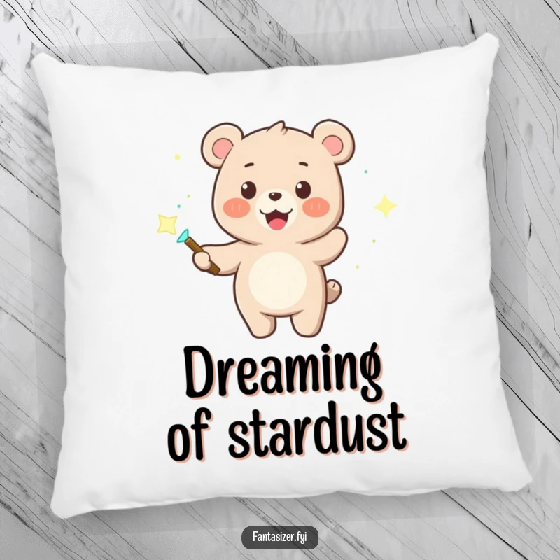 Funny pillow featuring a happy bear wizard holding a magic wand, casting enchanting dancing lights for a cozy, whimsical feel.