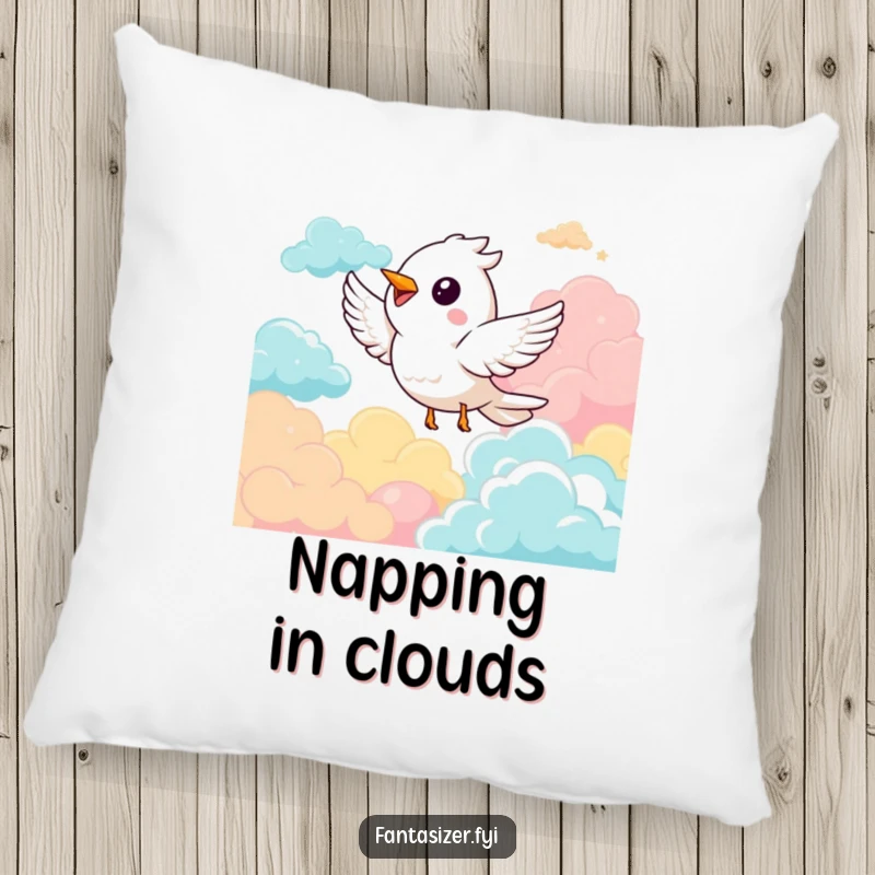Funny pillow showing a happy bird character flying through a dreamlike sky filled with colorful, soft clouds, perfect for comfort.
