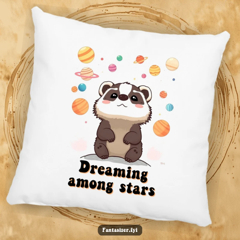 Funny pillow showcasing a whimsical badger looking up at a sky of colorful planets, providing cozy comfort and a touch of humor.