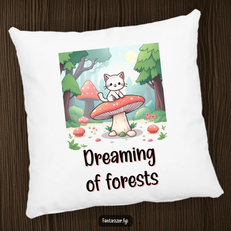 Funny pillow showcasing a playful cat character riding a giant mushroom through a fantasy forest, offering comfort with a magical touch.