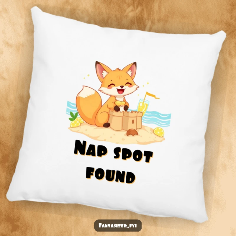 Funny giggling fox crafting a sandcastle near a lemonade sea, plush pillow, perfect funny gift.