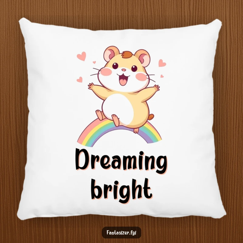 Funny Hamster Pillow: A delighted hamster rides a vibrant rainbow with a look of awe, offering cozy whimsical charm.