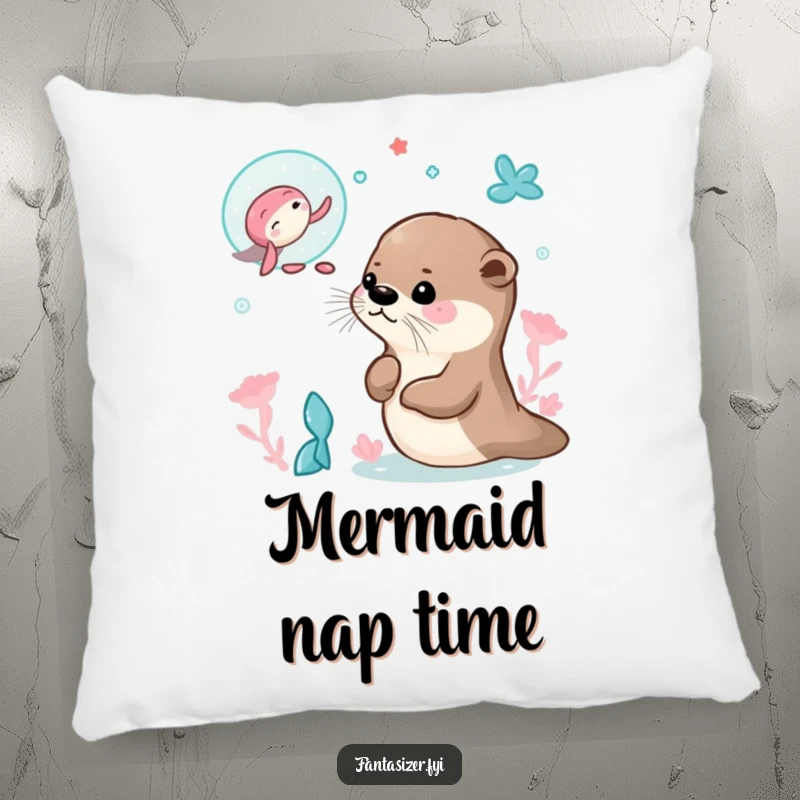 Funny pillow featuring an otter dreaming of mermaids, offering comfort and a touch of whimsical humor for any space.