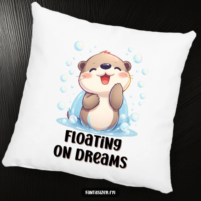 Funny otter character joyfully playing with iridescent bubbles on a plush pillow, offering cozy and cheerful decor.
