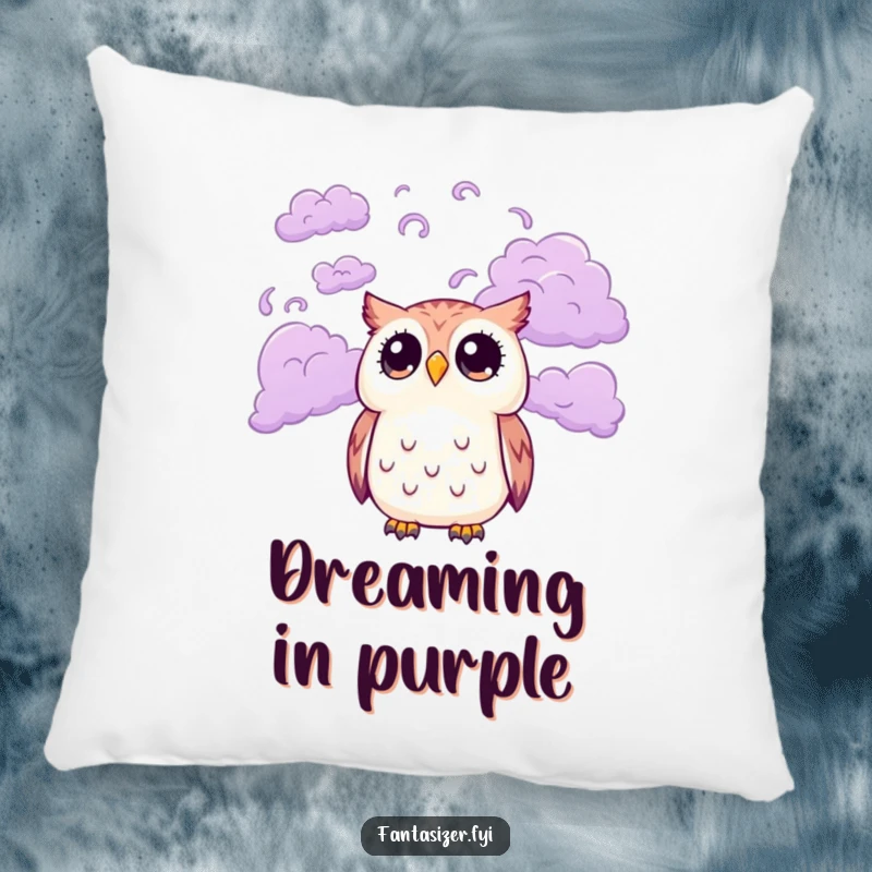 Funny pillow featuring a cute owl character with wide eyes gazing at a sky of swirling purple clouds, offering comfort and a touch of ethereal charm.