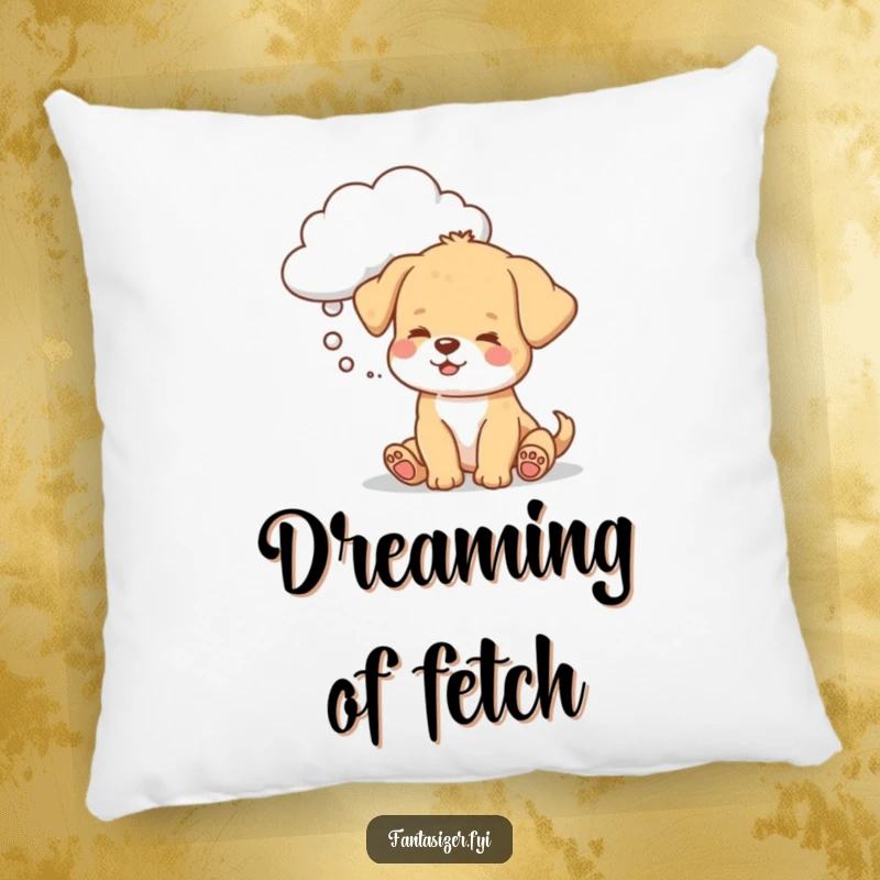 Funny puppy pillow, a dog dreaming under a toy-shaped cloud, symbolizing comfort and playful imagination.