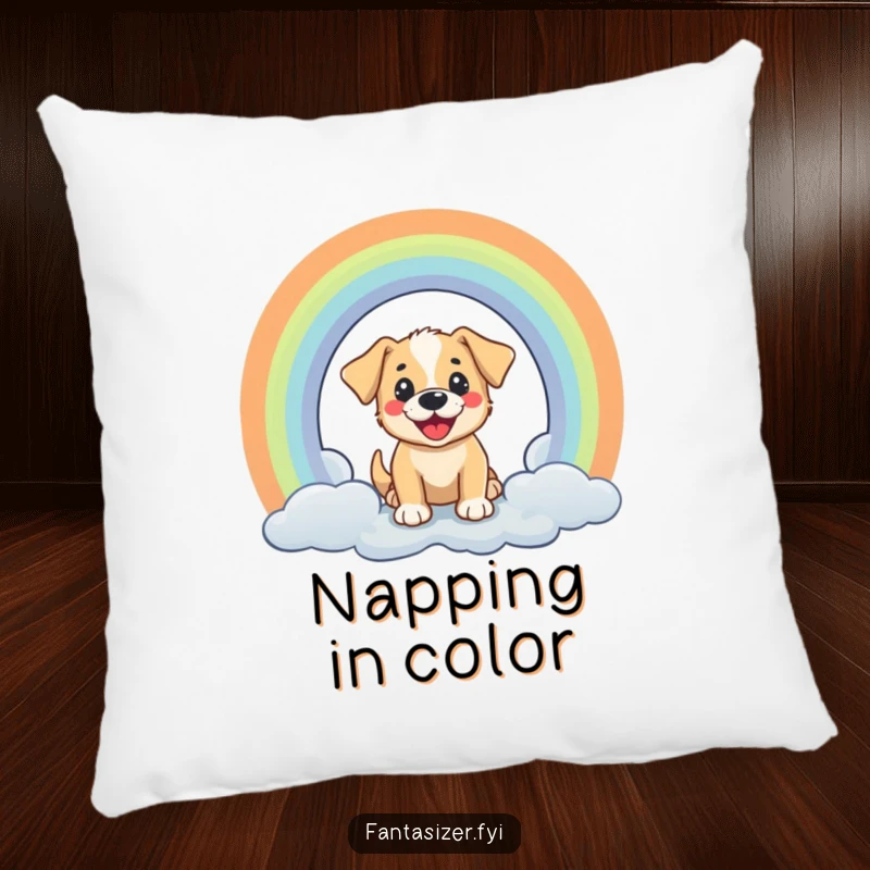 Funny pillow: a happy puppy peeks through a rainbow portal, offering soft comfort and cheerful vibes.