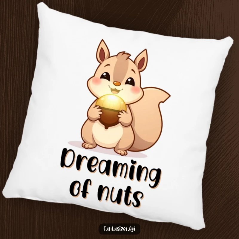 Funny Squirrel Magic Pillow featuring a cheerful squirrel holding a glowing magical acorn, ideal for cozy, humorous enchantment.