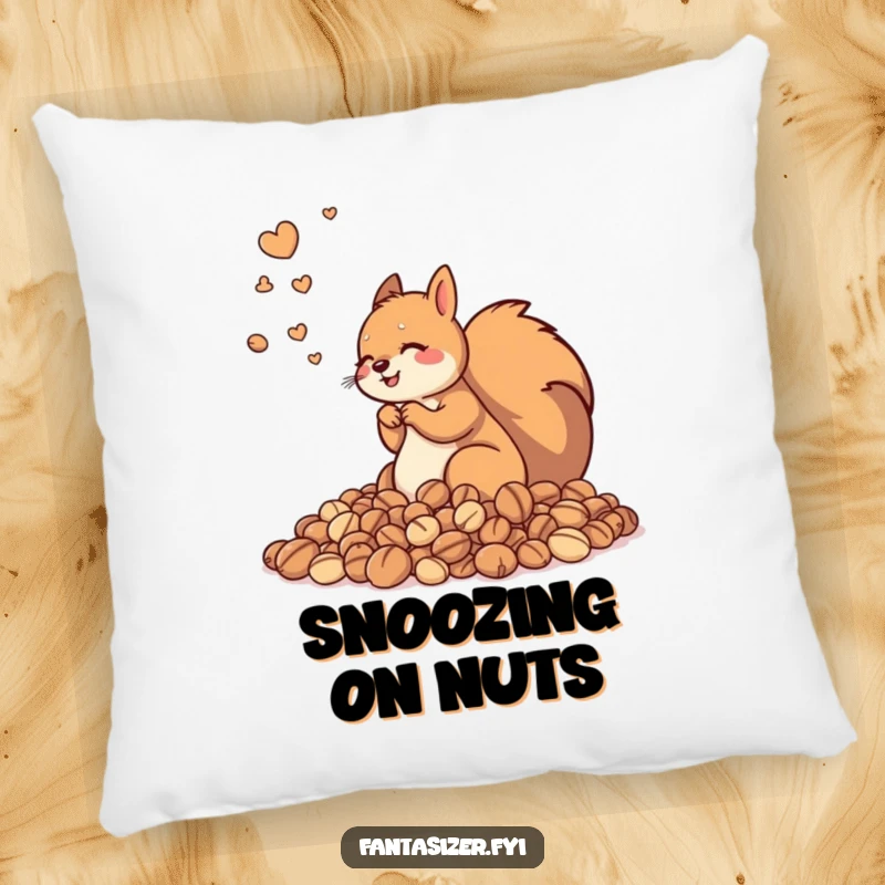 Funny pillow showing a happy squirrel immersed in a sea of nuts, offering comfort and a humorous touch of collector's delight.