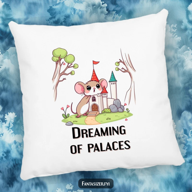 Funny pillow featuring a surprised mouse discovering a miniature castle, adding cozy, whimsical decor.