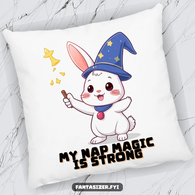 Funny pillow featuring a triumphant rabbit in a wizard hat casting a spell, adding magical comfort.
