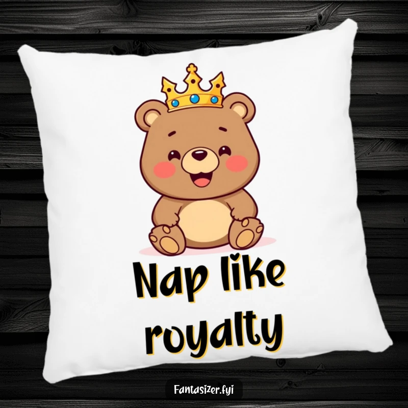 Funny pillow featuring a smiling crowned bear ruling a colorful toy kingdom, designed for ultimate comfort and humorous decor.