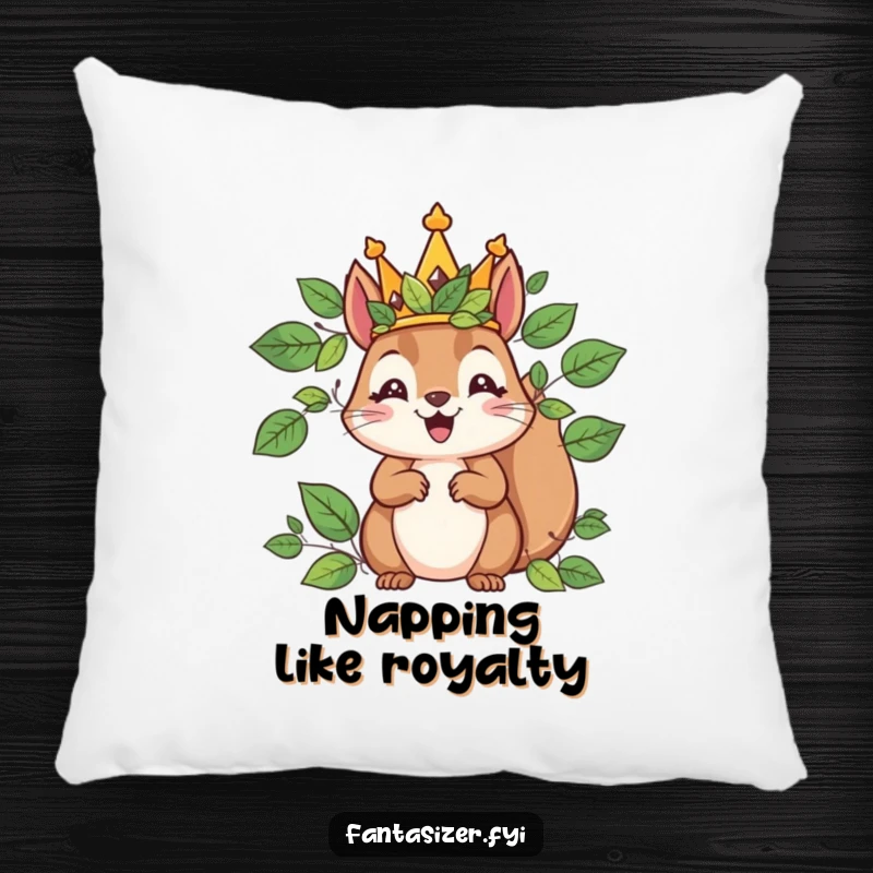 Funny pillow featuring a delighted squirrel king with a leaf crown, offering cozy comfort and a touch of majestic humor.