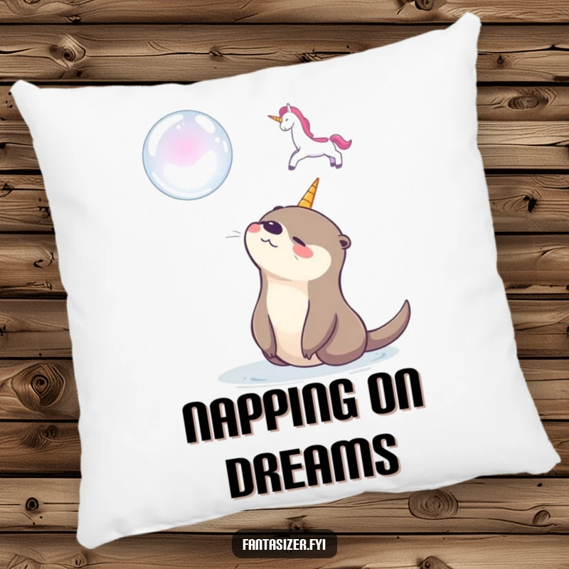 Funny pillow featuring a happy otter gazing at a soap bubble unicorn, offering comfort and a touch of whimsical, dreamy delight.