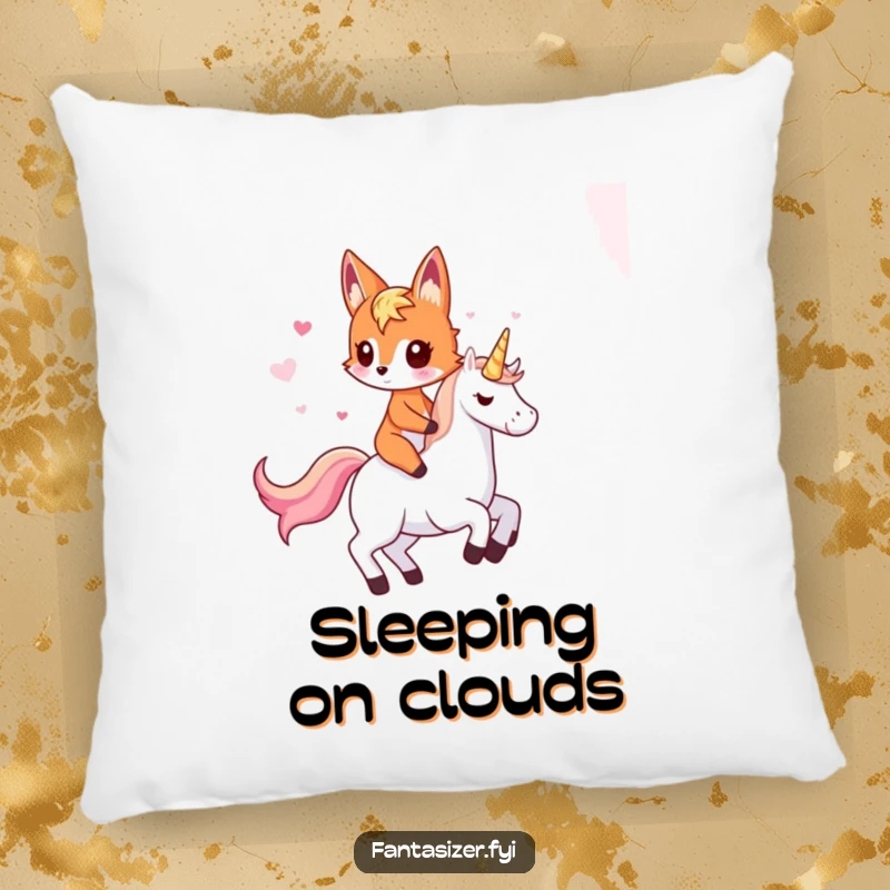 Funny fox pillow showing an imaginative fox riding a unicorn, offering comfort and whimsical, humorous charm.