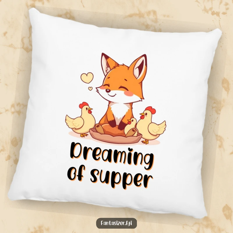 Funny happy fox daydreaming of a feast of plump chickens, on a soft pillow. Adds a touch of cozy humor and culinary fantasy.