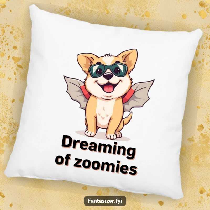 Funny pillow with a happy dog and a goofy grin, imagining flying with superhero wings.
