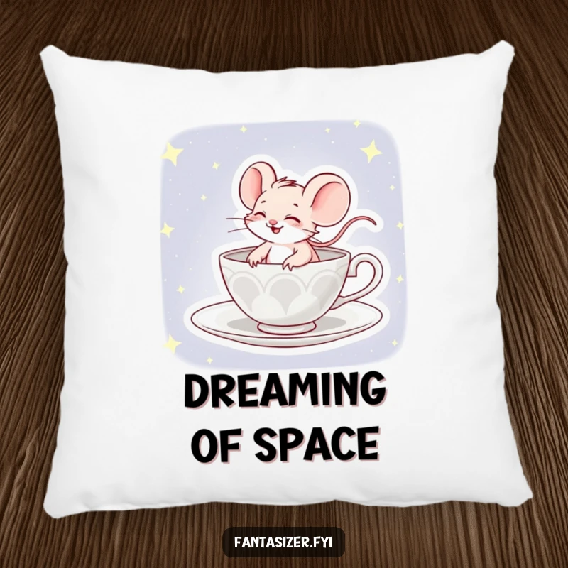 Funny pillow featuring a giggling mouse comically piloting a teacup through a serene, starry night sky.