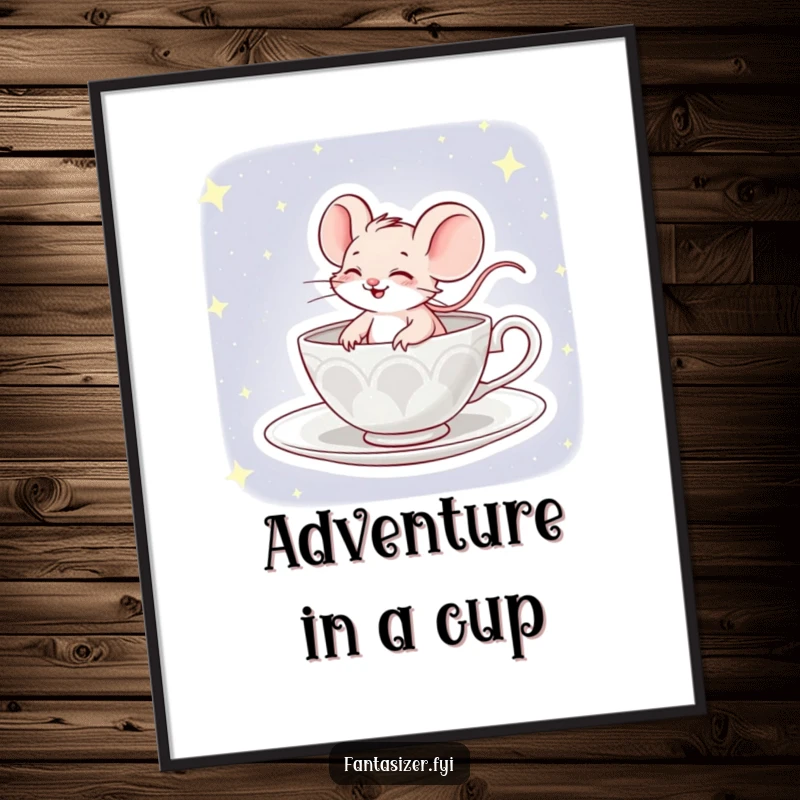 Funny digital art print of a giggling mouse comically piloting a teacup through a beautiful, starry night sky.