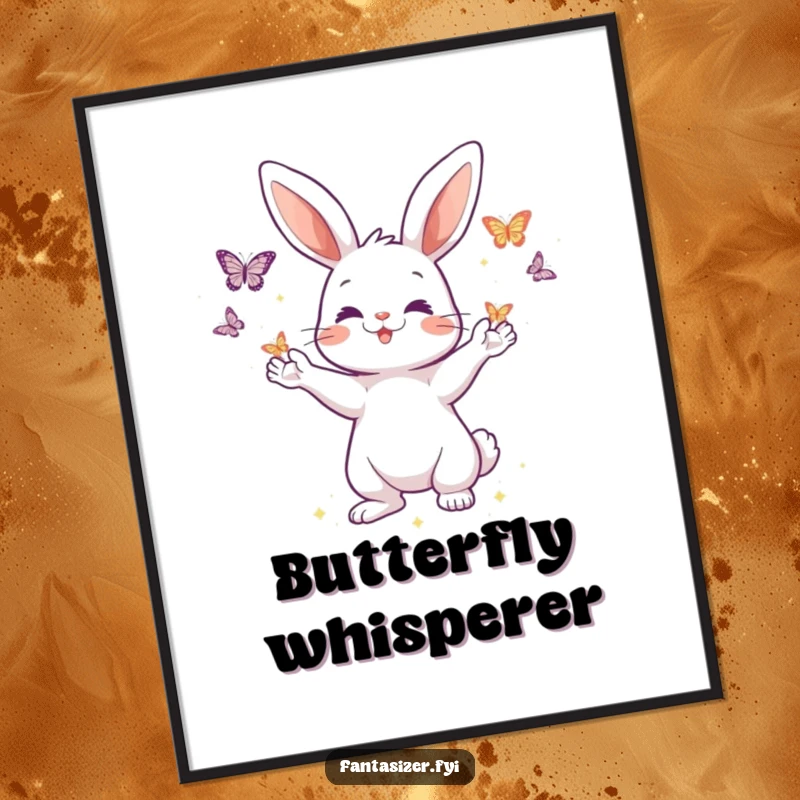 Funny digital art print of a playful rabbit character conjuring shimmering butterflies from its paws, a dreamy and humorous whimsical illustration.