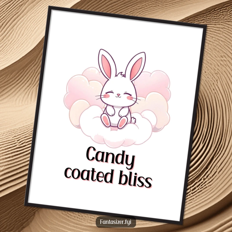 Funny bunny digital art print with eyes closed, imagining floating amongst giant, candy-colored clouds, downloadable whimsy.