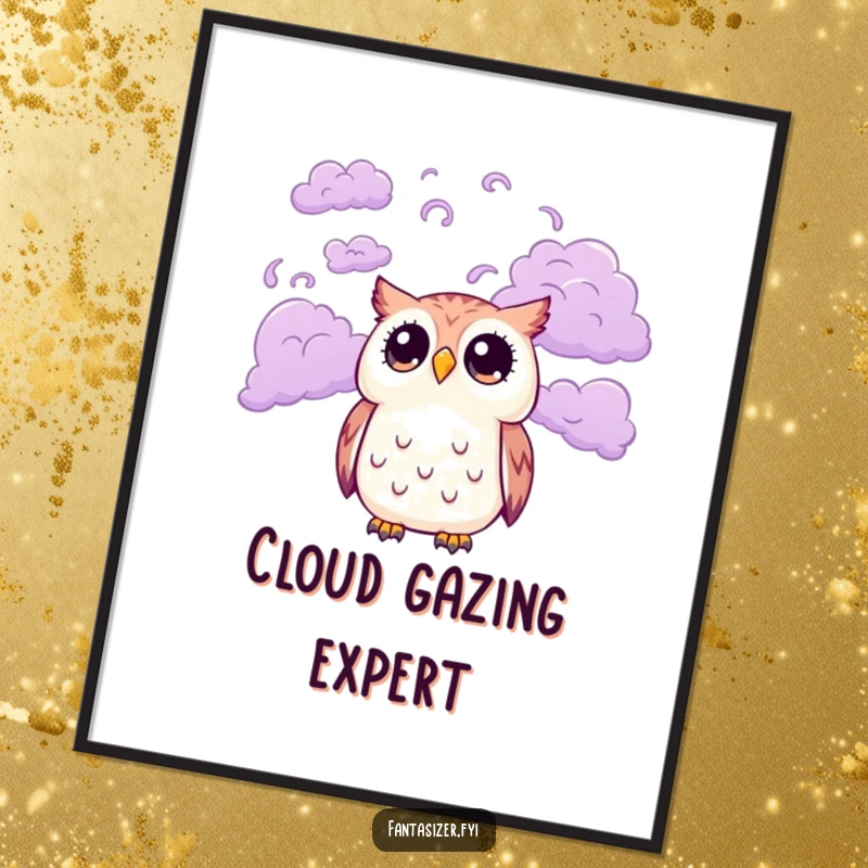Funny digital art print of a cute owl character with wide eyes looking up at a sky filled with swirling purple clouds, a dreamy and humorous illustration.