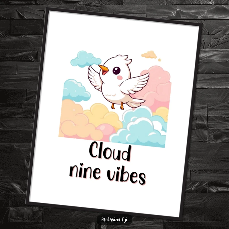 Funny digital art print of a delighted bird character soaring happily amidst vibrant, colorful clouds, ready to adorn any wall.