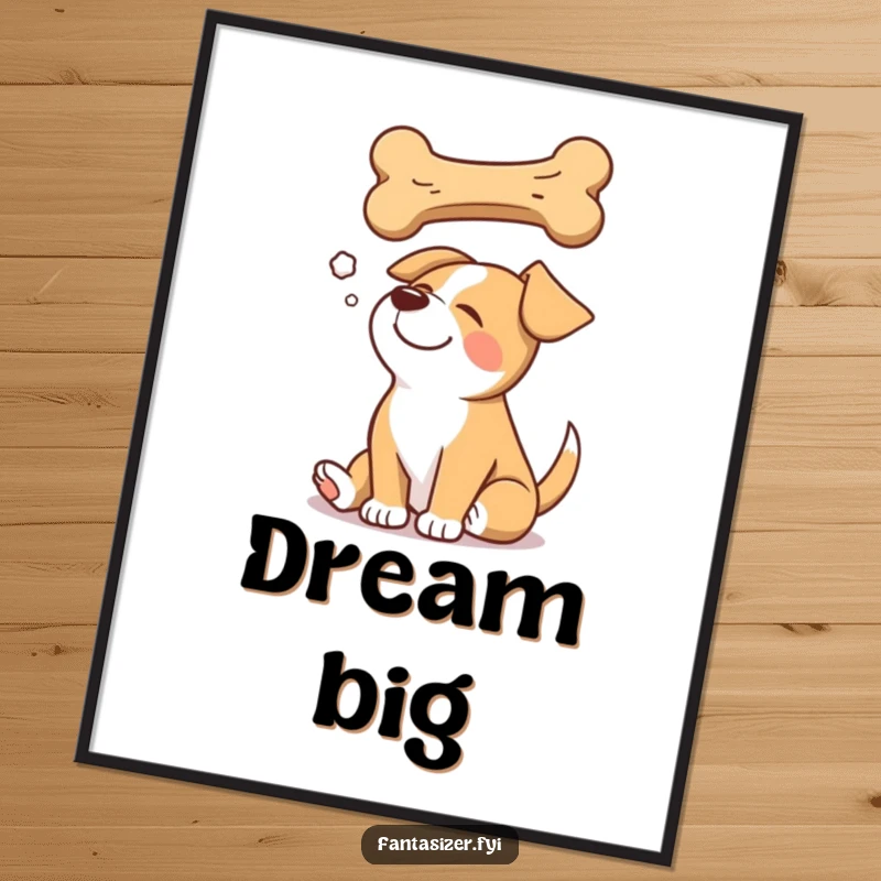 Funny digital art of a happy dog dreaming of a giant bone, offering whimsical canine vibes.