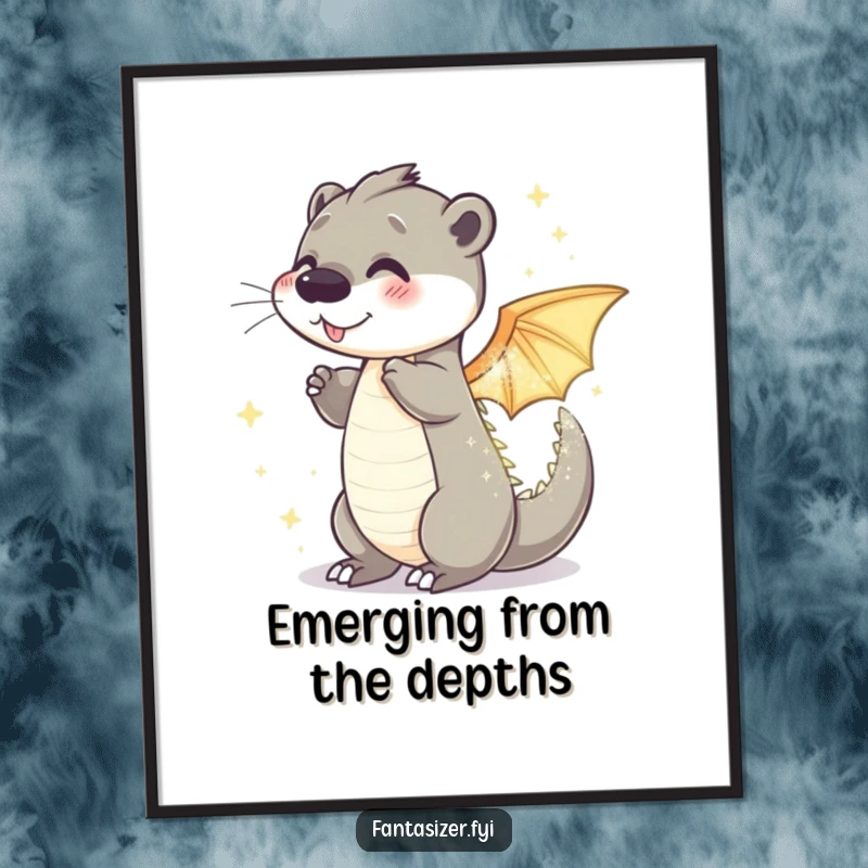 Funny otter dragon digital art print of a playful otter transforming into a sparkling, shimmering dragon, ideal for fantasy enthusiasts.