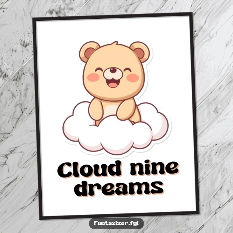 Funny Bear Digital Art: Joyful bear with a wide smile riding a fluffy cloud, instant download for humorous and happy wall decor.