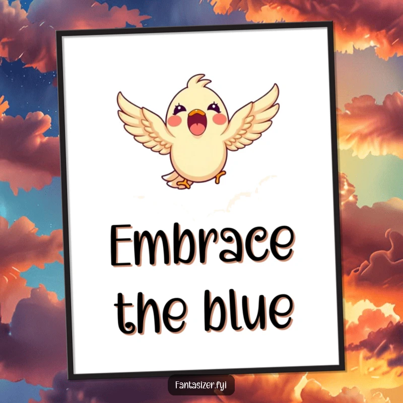 Funny digital art print of an excited bird envisioning soaring through clouds, bringing playful humor and whimsical charm to any display.