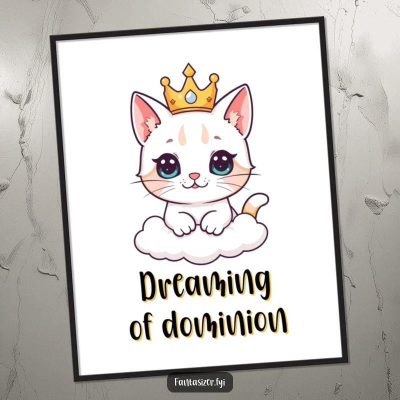 Funny cat king digital art print of a curious cat wearing a crown, ruling a majestic kingdom made entirely of clouds.