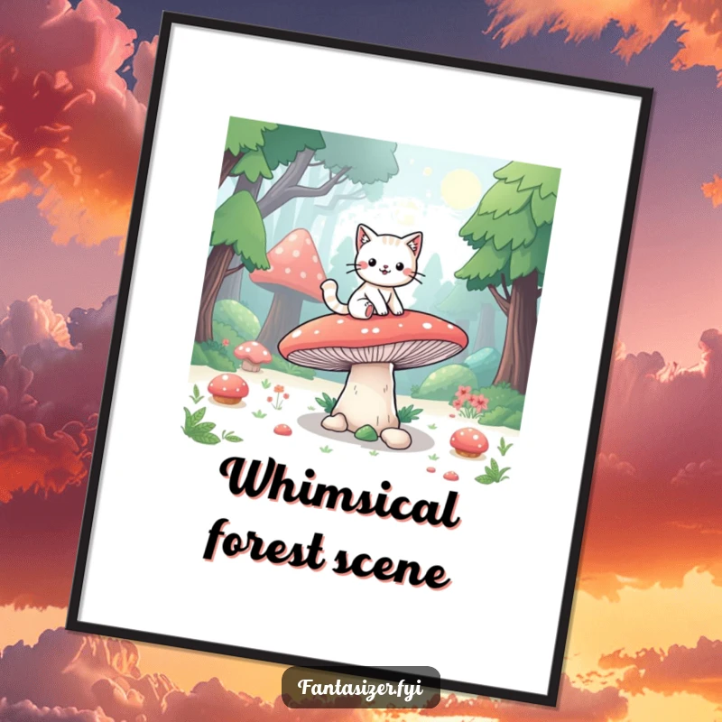 Funny digital art print of a playful cat character riding a giant mushroom through a fantasy forest, evoking whimsy and fun.