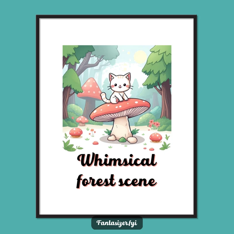 Funny Cat Mushroom Art Print: Playful Forest Fantasy Gift for Decor