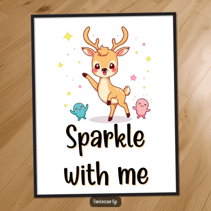 Funny digital art of a cheerful deer dancing with imaginary sparkling creatures, capturing pure, whimsical joy.