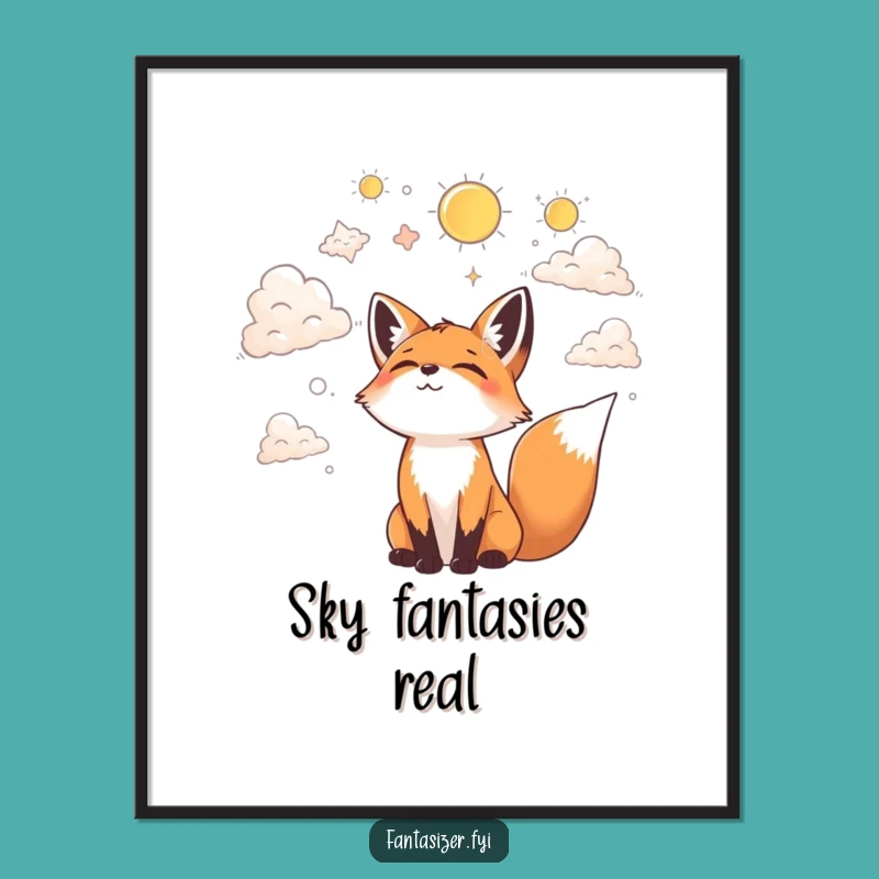 Funny Fox Cloud Gazing Digital Art: Joyful Dreamer, Fantastical Shapes Print