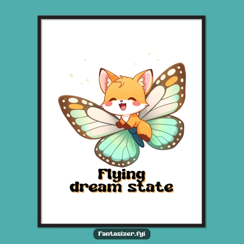 Funny Fox Cub Butterfly Digital Art: Dreamy Flight, Printable Wall Decor Gift