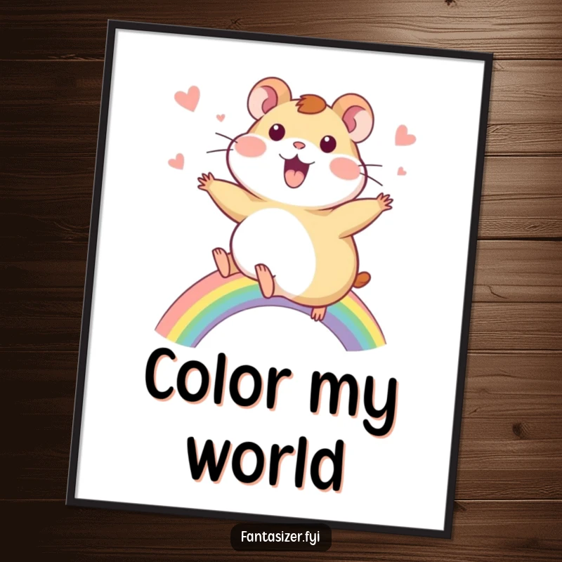 Funny Hamster Digital Art Print: A delighted hamster rides a vibrant rainbow with wide-eyed wonder, spreading pure joy.
