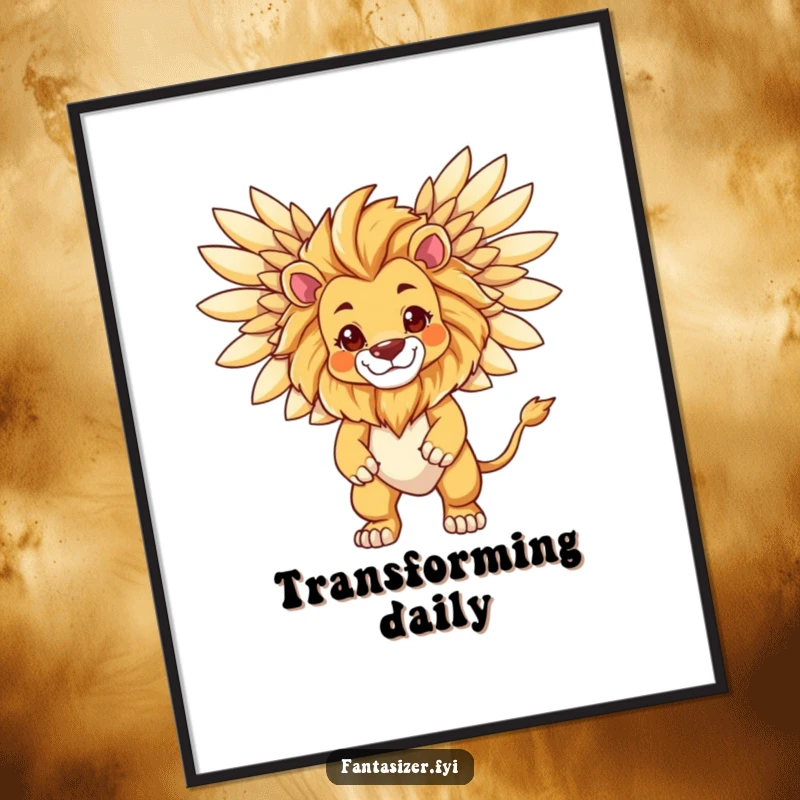 Funny Lion Transformation Digital Art Print showing a lion becoming a majestic winged creature, offering instant powerful humor.