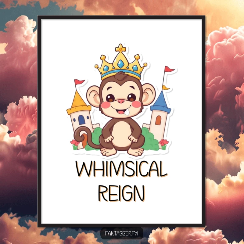 Funny Monkey Digital Art Print: A happy crowned monkey joyfully rules a colorful, imaginative kingdom, bringing regal amusement.