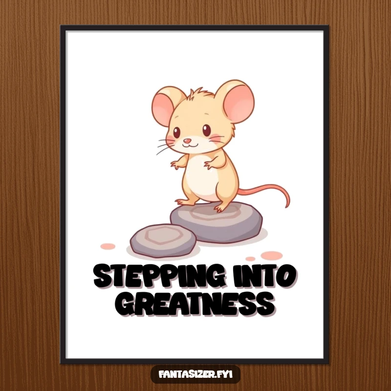 Funny digital art of a brave mouse walking on thought-stones, a symbolic and whimsical printable.