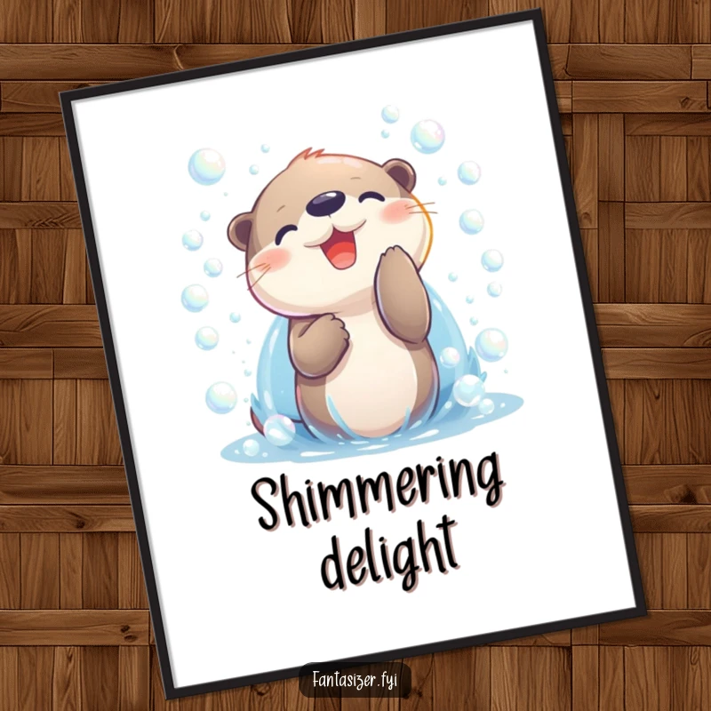 Funny otter character happily playing with iridescent bubbles, presented as a vibrant and joyful digital art print.