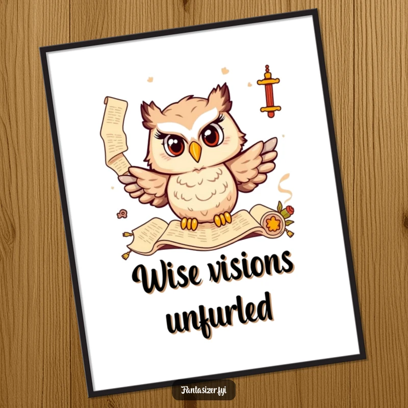 Funny digital art print of a delighted owl conjuring ancient scrolls, perfect for adding wise and humorous decor.