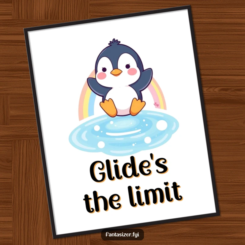 Funny digital art print of a happy penguin sliding down a vibrant rainbow into a sparkling pool, capturing playful joy.