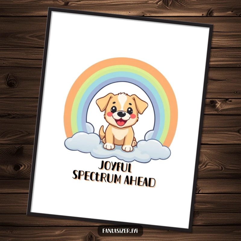 Funny digital art of a cheerful puppy peeking through a rainbow portal, a vibrant and joyful printable.