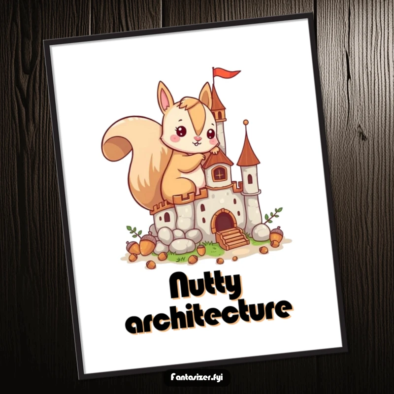 Funny digital art print of an imaginative squirrel character building a fantastical castle from acorns, celebrating creativity and structure.