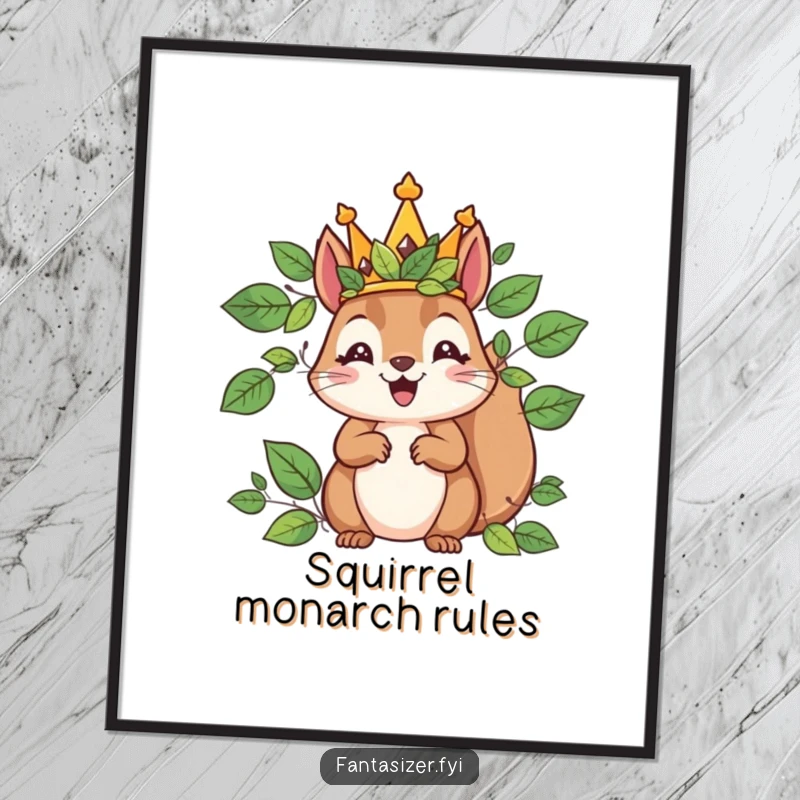 Funny digital art print of a delighted squirrel king in a leaf crown, offering instant regal charm and humorous wall decor.