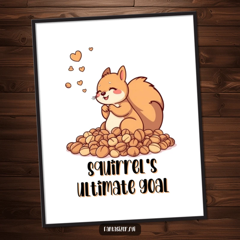Funny digital art print of a squirrel envisioning a hoard of infinite nuts, bringing playful humor and whimsical charm to any display.
