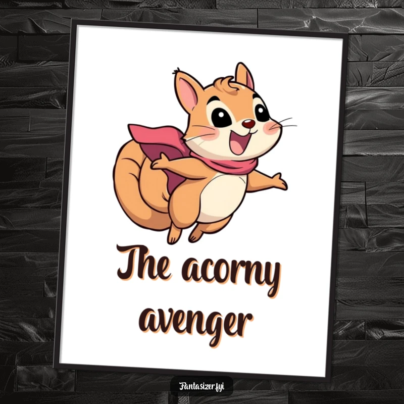 Funny squirrel superhero digital art print of an excited squirrel in a cape flying through the air, adding heroic energy to walls.